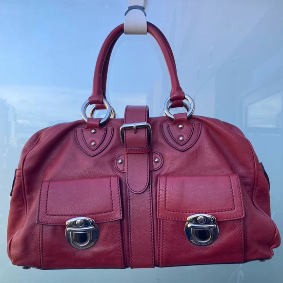 MARC JACOBS Handbag Deep Red Double Pockets Leather Silver Hardware Satchel - Picture 1 of 16